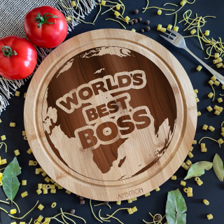 Apvali bambukinė pjaustymo lentelė "World's best boss"