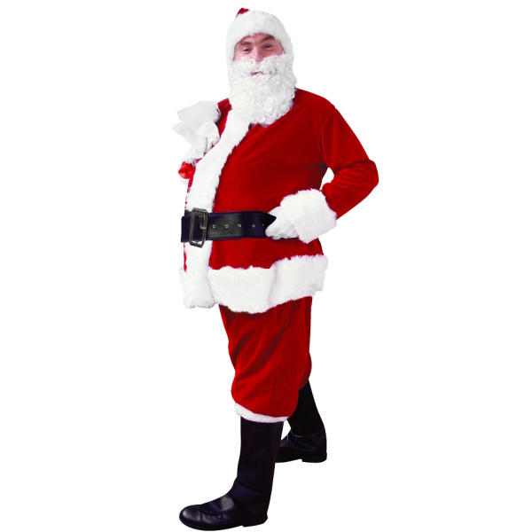 Kalėdų senelio kostiumas (kepurė, megztinis, kelnės, pirštinės, diržas, užvalkalai batams ir barzda)