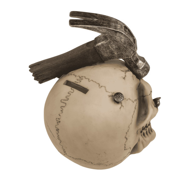 Kaukolės formos taupyklė su plaktuku ir vinimis