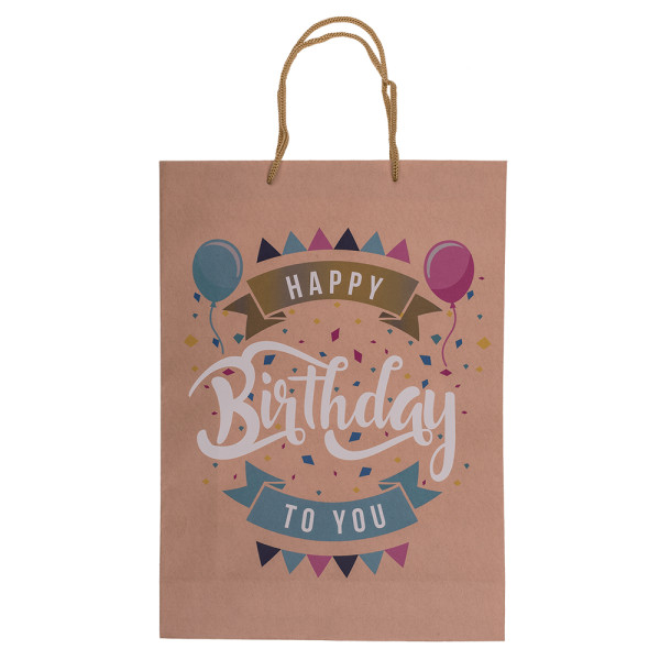 Kraft popieriaus dovanų maišelis "Happy Birthday" (34,5x25x8,5cm)