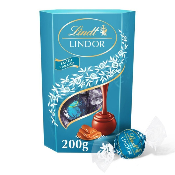 LINDT LINDOR pieninio šokolado rutuliukai su sūdyta karamele, 200g