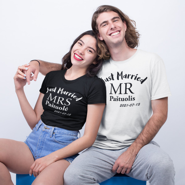 Marškinėlių komplektas "Just Married" su pasirinkta pavarde ir data
