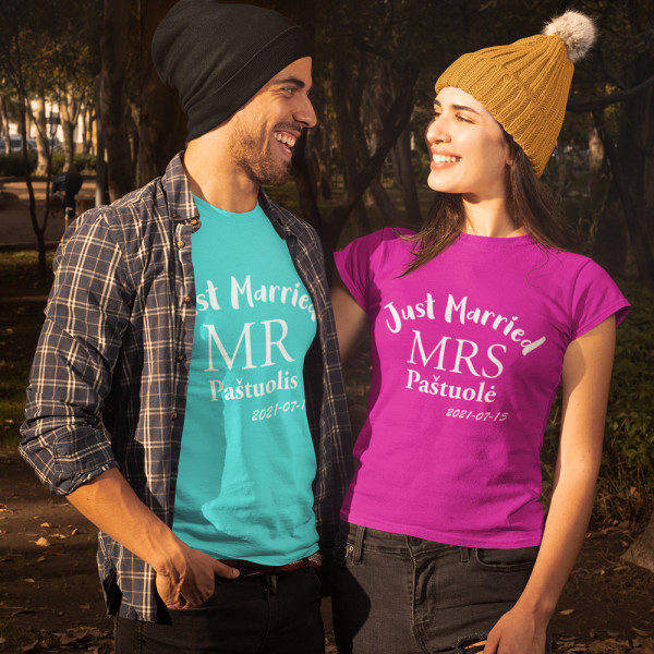 Marškinėlių komplektas "Just Married" su pasirinkta pavarde ir data