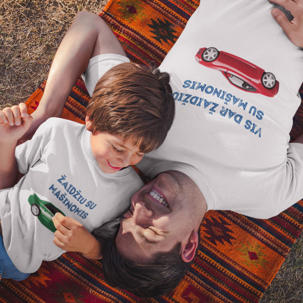 Marškinėlių komplektas tėčiui ir vaikui "Žaidžiu su mašinomis"