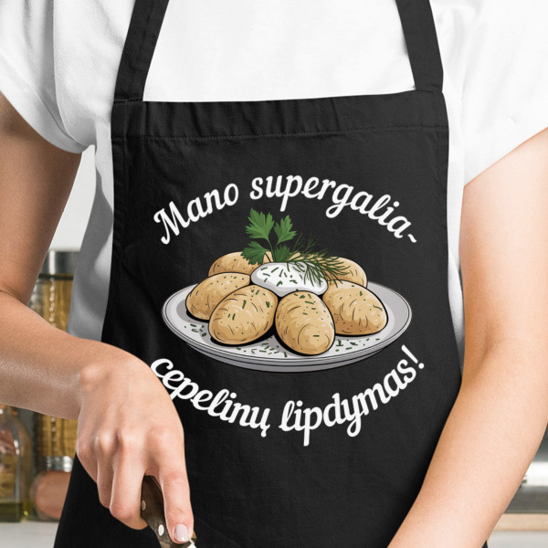 Medvilninė prijuostė "Mano supergalia - cepelinų lipdymas"