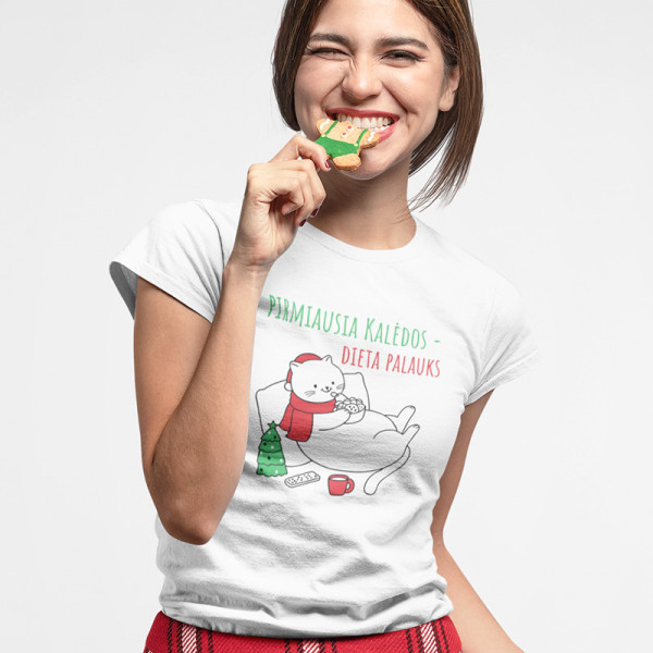 Moteriški marškinėliai „Pirmiausia Kalėdos - dieta palauks“