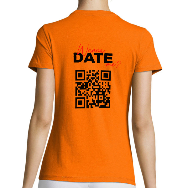 Moteriški marškinėliai "Wanna date me?" su personalizuotu QR kodu