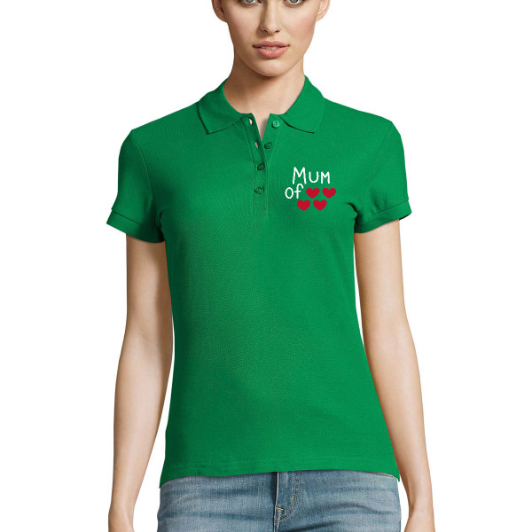 Moteriški Polo marškinėliai "Mum" su Jūsų pasirinktu širdelių skaičiumi