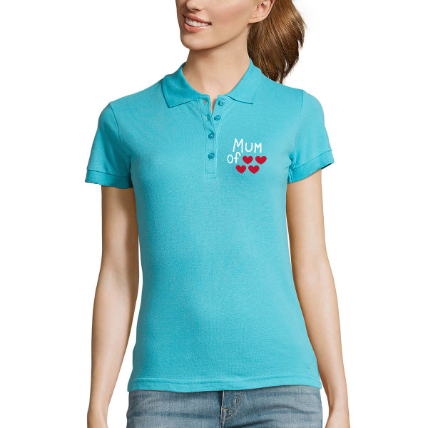 Moteriški Polo marškinėliai "Mum" su Jūsų pasirinktu širdelių skaičiumi