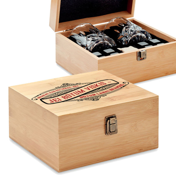 Prabangus viskio stiklinių rinkinys bambukinėje dėžutėje "Brangus viskis"