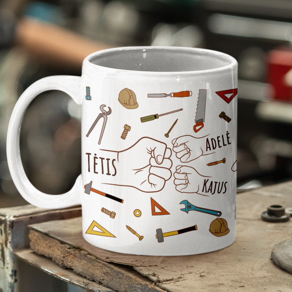 Puodelis "Tėčio pagalbininkai" su pasirinktais vaikų vardais