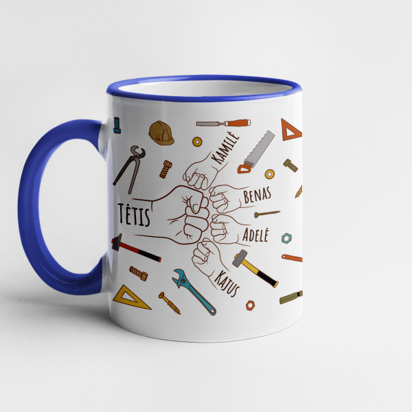 Puodelis "Tėčio pagalbininkai" su pasirinktais vaikų vardais