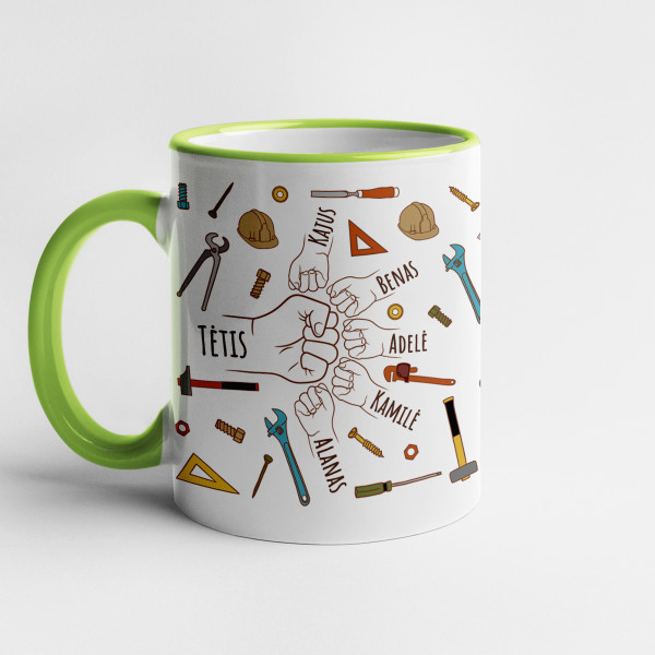 Puodelis "Tėčio pagalbininkai" su pasirinktais vaikų vardais