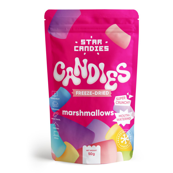 STAR CANDIES šaltyje džiovinti zefyriukai "Marshmallows", 50g. STAR CANDIES šaltyje džiovinti zefyriukai "Marshmallows", 50g.