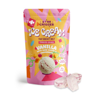 STAR CANDIES šaltyje džiovinti vaniliniai ledai su kietuoju sūriu ir spanguolėmis, 50g