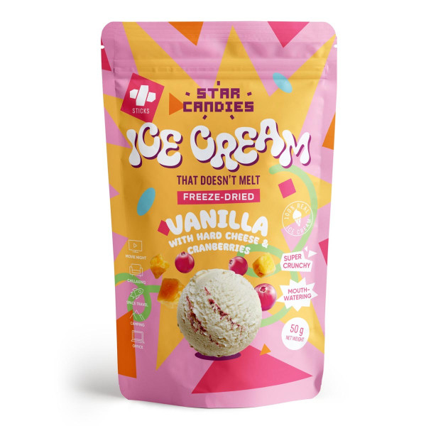 STAR CANDIES šaltyje džiovinti vaniliniai ledai su kietuoju sūriu ir spanguolėmis, 50g