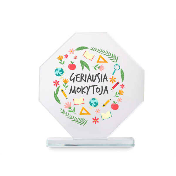 Stiklinis trofėjus dovanų dėžutėje "Geriausia mokytoja"