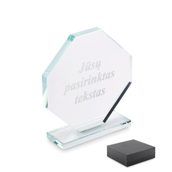 Stiklinis trofėjus dovanų dėžutėje "RUMBO" su Jūsų pasirinktu tekstu