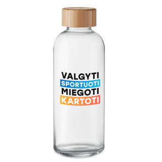 Stiklinis vandens butelis "Valgyti, sportuoti, miegoti, kartoti" (650ml)