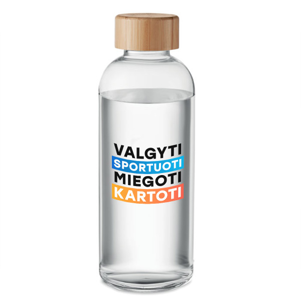 Stiklinis vandens butelis "Valgyti, sportuoti, miegoti, kartoti" (650ml)