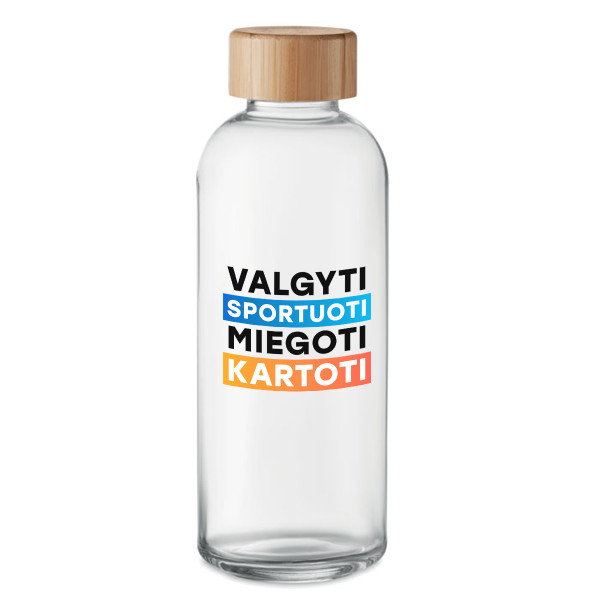 Stiklinis vandens butelis "Valgyti, sportuoti, miegoti, kartoti" (650ml) Stiklinis vandens butelis "Valgyti, sportuoti, miegoti, kartoti" (650ml)