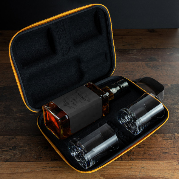 Stilingas viskio rinkinys: 2 taurės ir dėklas buteliui