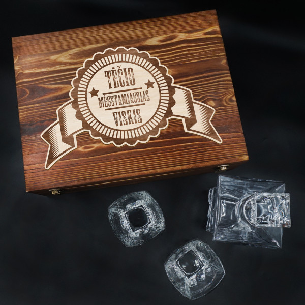 Viskio rinkinys medinėje dėžutėje "ELIXIR - tėčio mėgstamiausias viskis"