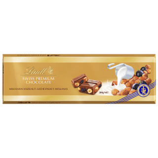 XL "LINDT GOLD" pieninis šokoladas su razinomis, lazdynų riešutais ir migdolais, 300g